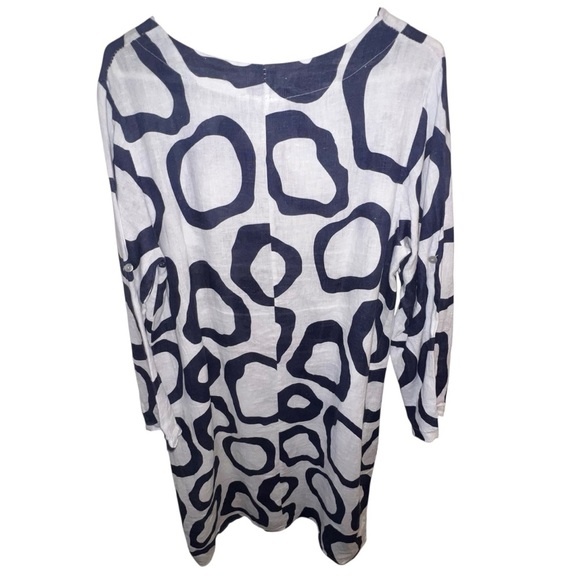 EUC Kaktus 100% Italian Linen White Navy Abstract Dress Small Oversized Pockets - Picture 6 of 6